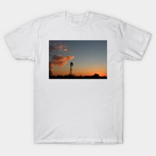 Kansas Sunset with a Windmill Silhouette and clouds T-Shirt